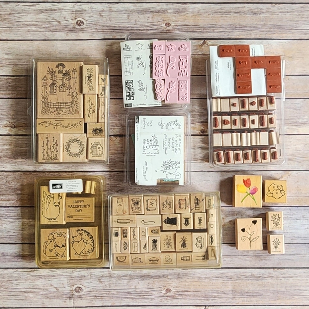 Stampin' Up! Small Sentiment Wood-Mounted Rubber Stamps - Brown, White